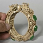 3 8  Old Chinese Silver Inlay Green Jade Dynasty 2 Dragon Bead Bracelet Bangle