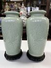 Large Pair Of Vintage Chinese Longquan Celadon Meiping Vases With Stands Dragons