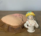 Vintage 3 5  Porcelain Half Doll With Pin Cushion Arms Away Feather Hat Germany