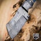 9  Genuine Damascus Steel Cleaver Blue Horn Handle Full Tang Fixed Blade Knife
