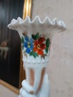 Vintage Hand Shape Enamel Decorated White Glass Flower Vase Japan