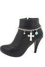 Women Silver Metal Chain Boot Bracelet Shoe Cross Charm Anklet Turquoise Jewelry