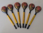 Vintage Russian Khokhloma Hand Painted 6 Wooden Spoons Black Gold Strawberry