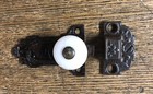 Pair Large Antique Ornate Cast Iron Cupboard Latches Porcelain Knobs  C1870