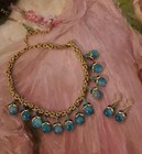 Vintage Victorian Revival  Antique Gold Plated Gothic Blue Stone Necklace Set
