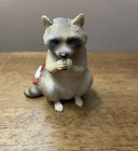 Raccoon Plastic Figurine Sitting Holding Food With Red Cord Hanger