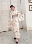 Two-piece Japan Yukata 4pc Set Ivory Beige Watercolor Floral Dress Obi Bow New