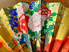 Japanese Folding Fan - Black Bamboo  Gold Peony Iris Paper Sensu W Stand Nib Vtg