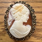 Vintage Large Cameo Brooch Peach Background Gold Tone Setting Antique Old Money