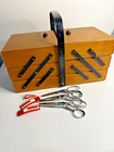 Vintage Wooden Sewing Box Accordion Style   Threads Scissors Singer Sewing Lot