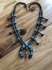 Old Sterling Silver Blue Morenci Turquoise Squash Blossom Necklace Vintage Pawn