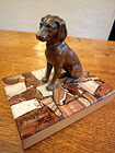 Vintage Austrian Bronze Look Dog Sculpture Bergman Style Stone Base Karlsbad