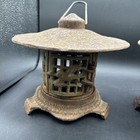 2 Vintage 1900   s Japanese Cast Iron Bird Bamboo Pagoda Hanging Garden Lantern