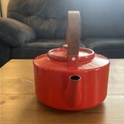 Vintage 1960s Copco Michael Lax Red Enamel Teapot Kettle  117 Rattan Handle Mcm