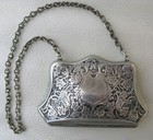 Antique Art Nouveau Silver Metal Floral Grape Vine Lining Card Case Purse