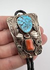 Vintage Navajo Nickel Silver High Grade Turquoise   Coral Stamped Bolo Tie 2 25 