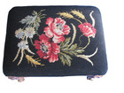 French Provincial Needlepoint Foot Stool Antique Carved Wood Original X Nice