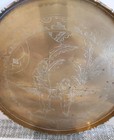 Vtg Solid Brass 10  Round Serving Tray  W  Etched Scene Handles Scalloped Edge 