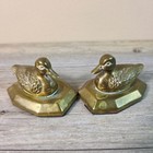 Vintage Brass Duck Pair On Octagonal Bases Felt Bottom Mid Century Decor Patina
