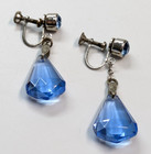 Antique Art Deco Blue Czech Glass Silver Tone 1 75  Drop Earrings Screw On