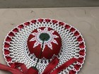 Vintage Tomato Strawberry Hat Pin Cushion W plastic Ribbon Fringe