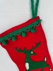 Vtg Handmade Felt Christmas Stocking  Reindeer  Snowman Green Pompom Trim