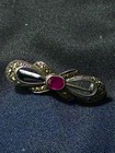 Vintage Sterling Silver Marcasite Bow Brooch Ruby Pink Cabochon Ribbon Pin