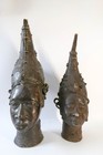 Pair Of Vintage Benin Bronze Iyoba Queen Mother Heads African Art Nigeria