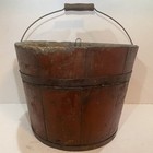Exceptional Large Antique Primitive Wooden Slat Bucket With Wire Swing Handle