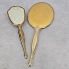 Vintage Vanity Mirror Hand Held   Hair Brush Art Deco Nouveau Round Gold Tone