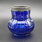 Cobalt Blue Glass Vase Hand Painted White Floral Decor Metal Rim 5 In