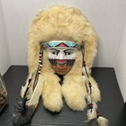 Native American Mask Wall Hanging White Fur  Feathers  And  Painted Clay 