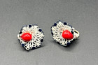 Vintage Mid Century Modern Peacock Style Filigree White Blue Red Center Earrings
