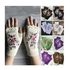 Women s Hand Embroidered Knitted Flower Fingerless Gloves  Purple  One Size A
