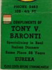 Vintage Matchbook Cover Tony V  Baronti Italian Restaurant Eureka Diamond Match