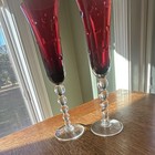 Saint Louis Red Bubble Crystal Champagne Flutes Pair