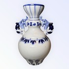 Vintage Russian Gzhel Hand Painted Blue   White Vase Rooster Handles 8    B