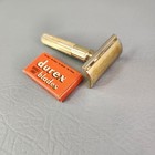 Vintage Gillette Tech Safety Razor De Fat Handle 1940 s Gold Tone W blades