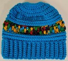 Messy Bun Ponytail Beanie Women s Medium Crocheted Striped Blue Gold Green 