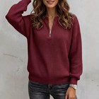Women s Solid-color Zip-up Long-sleeve Casual Loose-fit Crew-neck Top