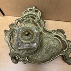 Vintage Solid Brass Footed Inkwell Ornate Glass And Lid Art Nouveau Desk Set