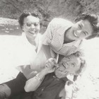 Vintage Snapshot Photo Three Women Laughing Playful Beach 1955