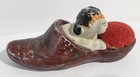 Vintage Porcelain Pin Cushion - Brown Slipper With Black And White Dog Japan