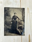 Antique Tintype Studio Photo Girl Woman Home Tree Rock Cinched Waist Fashion