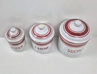 3p Antique French Enamelware Canister Set White Red Graniteware Nesting Jars