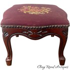 Antique Needlepoint Foot Stool Carved Mahogany French Victorian  Ottoman Bench