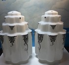 Vintage - Excellent Pair Of Art Deco Skyscraper Glass Shades With Black Design 