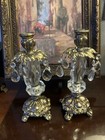 Pair Antique Hollywood Regency Style Ornate Gold Cast Brass  Candlestick Holders