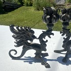 Vtg Pair Of Black Cast Iron Gryphon Griffin Dragon Candlesticks 6    Tall