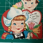 Vtg Valentine s Day Card Mechanical 7    Dutch Tulips Blue Eyes Girl Boy Usa 1940s
